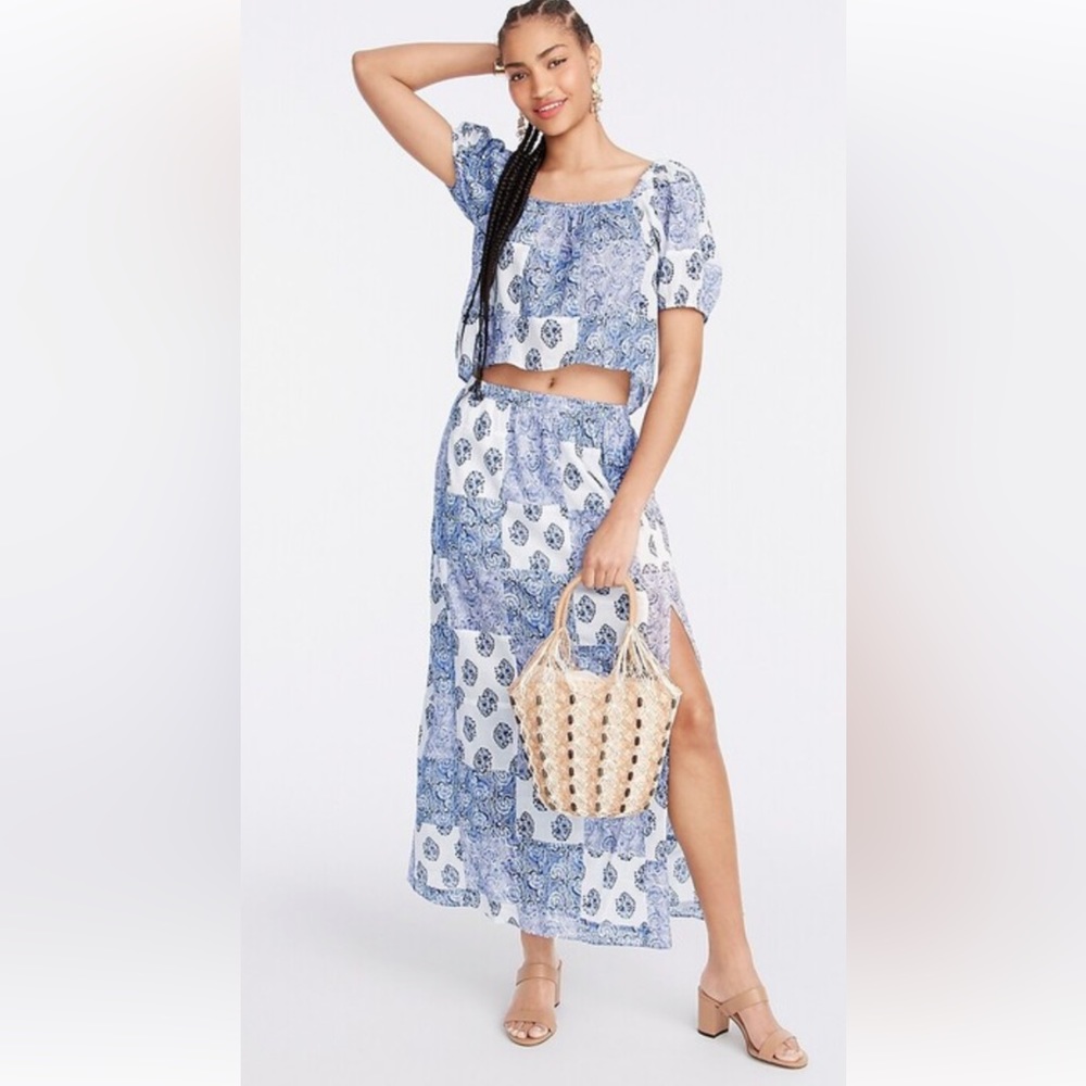 J.Crew side slit patchwork maxi skirt set with cropped top. Blue and white sz S - Picture 1 of 15